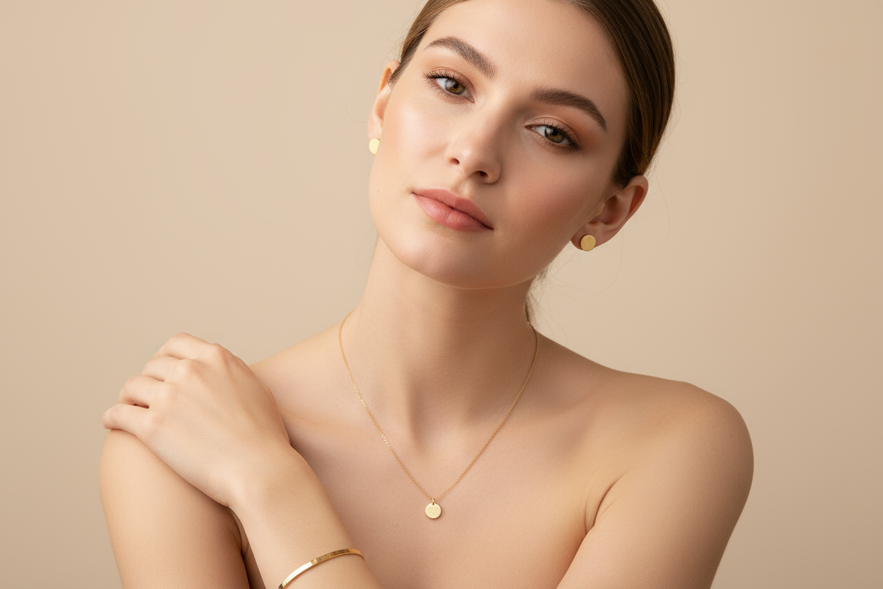 portrait of a white model wearing gold plated simple jewelry.